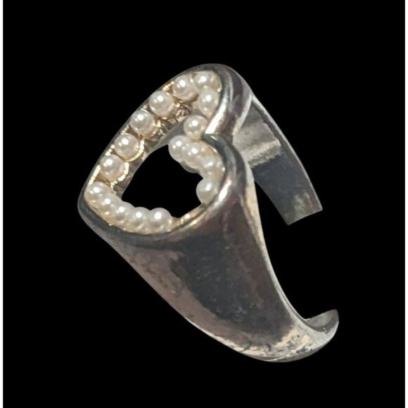Vintage Open Heart Silver Tone Seed Pearl Ring Size 6 1/4 - Picture 14 of 16